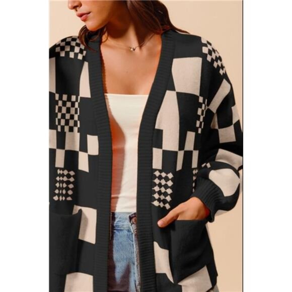 SO ME Checkered Open‎ Front Cardigan with Pockets - Picture 2 of 3
